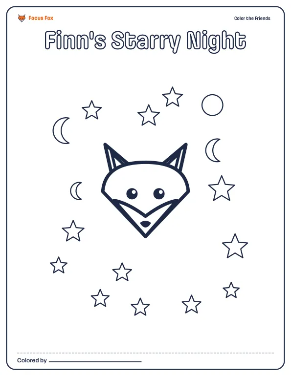 Coloring page of Finn the Fox under the stars